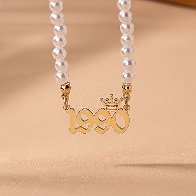 Alloy Crown Birth Year Pendant Imitation Pearl Round White Beaded Necklaces for Women FS-WG173C9-30-1