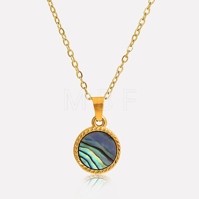 Stylish 304 Stainless Steel Pave Natural Paua Shell Flat Round Pendant Necklaces Simple Design Jewelry DP7329-3-1