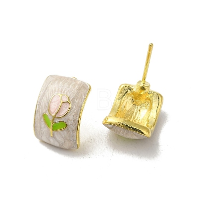 Flower Alloy Enamel Half Hoop Stud Earrings for Women EJEW-K282-01G-1