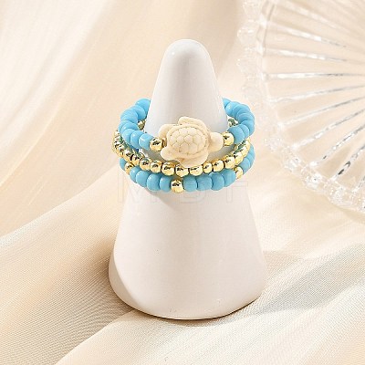 3Pcs Synthetic Turquoise & Hematite & Glass Seed Beaded Finger Rings RJEW-JR01092-1