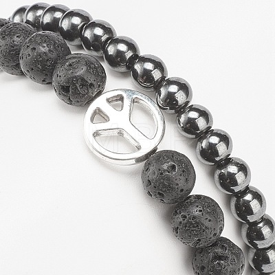 2Pcs 2 Style Natural Lava Rock & Synthetic Hematite Round Beaded Stretch Bracelets Set with Alloy Peace Sign BJEW-JB08311-1