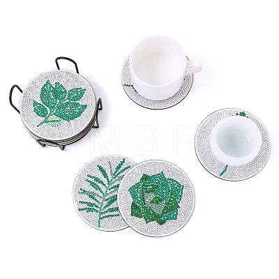 DIY 10Pcs Leaves Theme Coasters Diamond Art Painting Kit with Holder PW-WG9278E-01-1