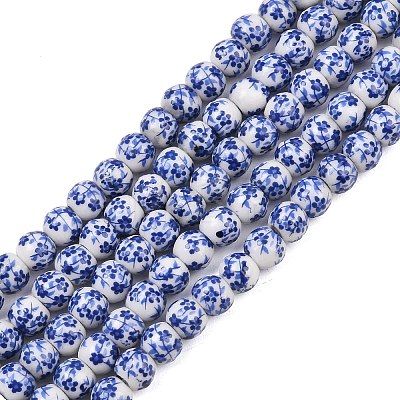 Handmade Flower Printed Porcelain Ceramic Beads Strands PORC-M005-6mm-10-1