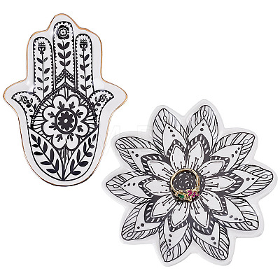 2Pcs 2 Styles Floral Hamsa Hand Flower Porcelain Trinket Dishes AJEW-ME0003-92-1