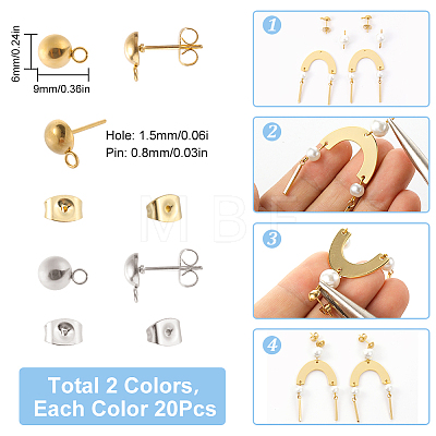 40Pcs 2 Colors 201 Stainless Steel Dome/Half Round Stud Earring Findings STAS-SC0005-28-1