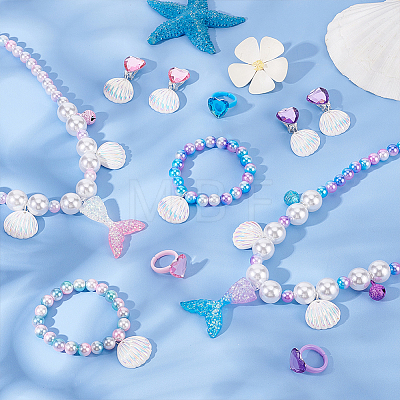 3 Sets 3 Colors Plastic Shell & Alloy Bell Pendant Necklace & Bracelet & Dangle Stud Earrings & Open Cuff Ring SJEW-AN0001-34-1