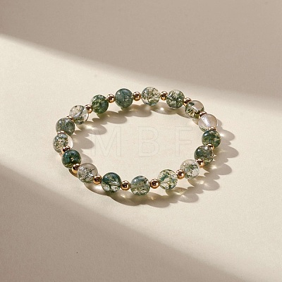 Glass Imitation Green Quartz & Brass Beaded Stretch Bracelet for Women BJEW-JB09187-1