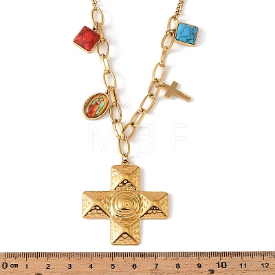 Religion 304 Stainless Steel Textured Cross and Resin Imitattion Turquoise Square Pendant Necklaces for Women LS-NJEW-F380-01G-1