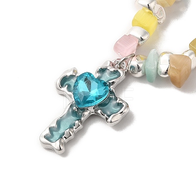 Alloy Glass Cross Pendant Necklace with Cat Eye Chips Beaded Chains NJEW-Q001-02P-1