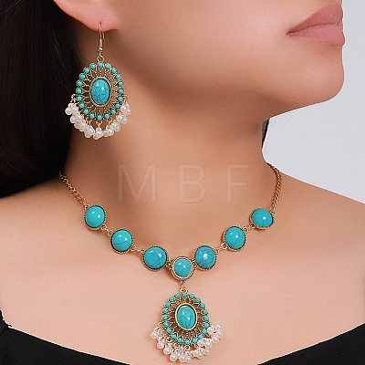 Bohemian Style Oval Alloy & Synthetic Turquoise Earrings & Necklaces Sets WG86A2C-09-1