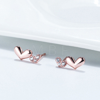 Heart 925 Sterling Silver Cubic Zirconia Stud Earrings for Women EJEW-P231-40RG-1