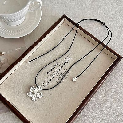 Alloy Resin Flower Pendant Black Waxed Cord Adjustable Long Necklaces for Women WG1FF70-03-1