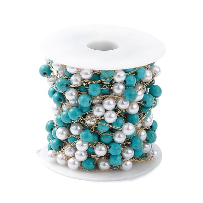 304 Stainless Steel Synthetic Turquoise Bead Link Chains with Glass CHS-P016-47G-1