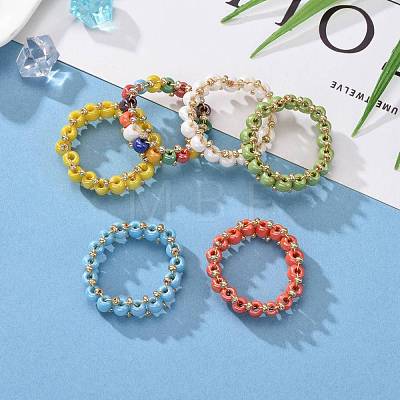 Round Glass Seed Beaded Finger Rings RJEW-JR00307-1