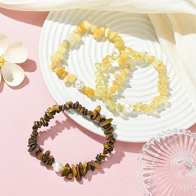 3Pcs 3 Styles Natural Mixed Gemstone Chip & Cultured Freshwater Pearl Beaded Stretch Bracelets Set for Women BJEW-JB13762-06-1