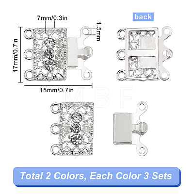 6 Sets 2 Colors 3-Strand 6-Hole Brass Filigree Box Clasps KK-SC0002-98-1