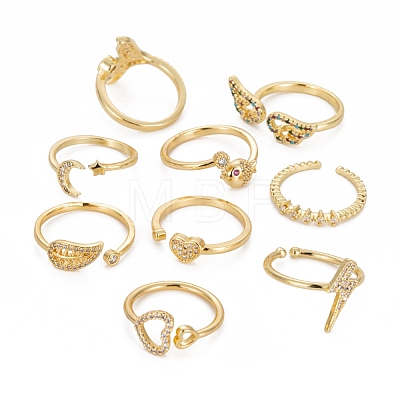 9Pcs 9 Style Brass Micro Pave Clear Cubic Zirconia Cuff Rings RJEW-LS0001-47G-1