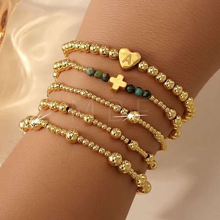 5Pcs Brass & Natural African Turquoise(Jasper) Beads Stretch Bracelets for Women BK1359-1-1
