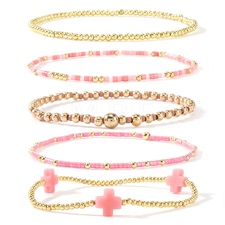 5Pcs 5 Styles Brass & Resin Beads Stretch Bracelets FP8271-5-1