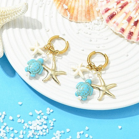 Tortoise Starfish Synthetic Turquoise & Shell Pearl Hoop Earrings EJEW-JE07149-1