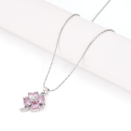 Brass Cubic Zirconia Clover Pendant 304 Stainless Steel 
Chain Necklaces NJEW-T018-03P-1