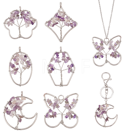 6Pcs 6 Styles Natural Amethyst Copper Wire Wrapped Chip Big Pendants G-PH0002-16-1
