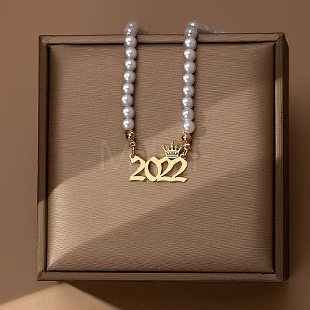 Alloy Crown Birth Year Pendant Imitation Pearl Round White Beaded Necklaces for Women FS-WG173C9-19-1