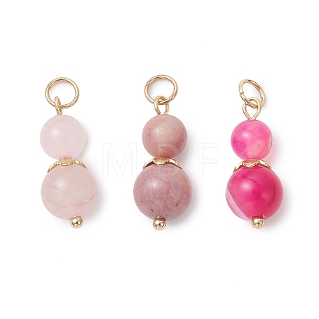 3Pcs 3 Styles Natural Rose Quartz & Dyed Striped Agate/Banded Agate Round Beaded Pendants PALLOY-JF04701-05-1