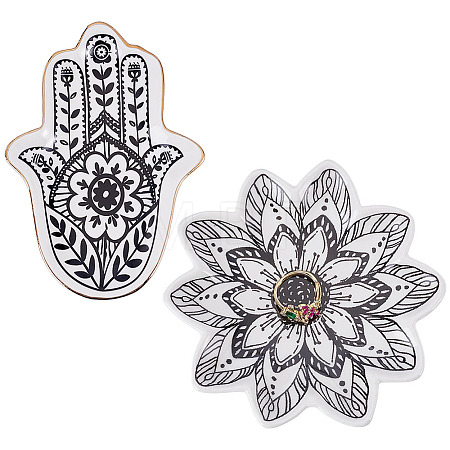 2Pcs 2 Styles Floral Hamsa Hand Flower Porcelain Trinket Dishes AJEW-ME0003-92-1