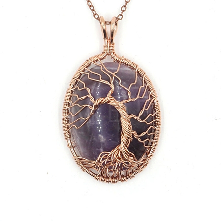 Natural Amethyst Brass Wire Wrapped Pendants PW-WG90230-01-1