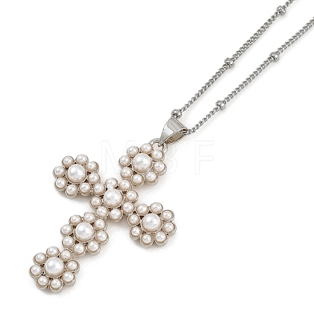 Brass & Imitation Pearl Cross Pendant Satellite Chain Necklaces NJEW-U015-09P-1
