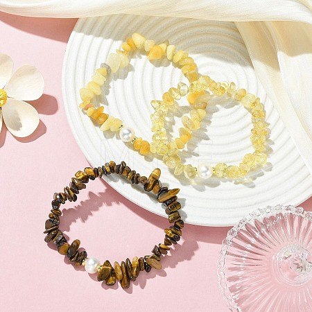3Pcs 3 Styles Natural Mixed Gemstone Chip & Cultured Freshwater Pearl Beaded Stretch Bracelets Set for Women BJEW-JB13762-06-1