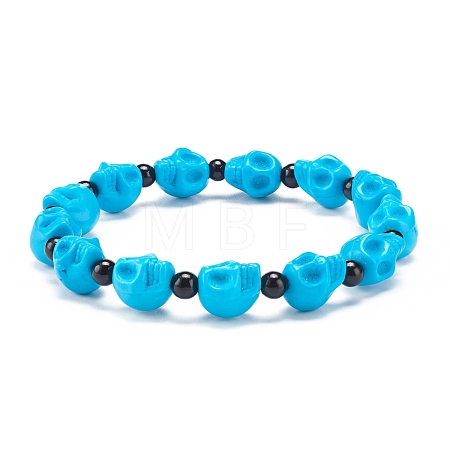Natural Mashan Jade Skull & Synthetic Turquoise(Dyed) Beaded Stretch Bracelet BJEW-JB08377-04-1
