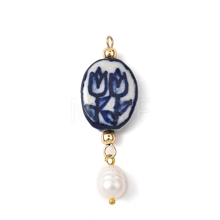 Blue and White Tulip Pattern Oval Porcelain Pendants PALLOY-JF04709-1