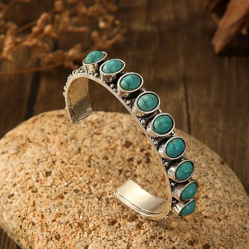 Bohemian Style Oval Alloy Synthetic Turquoise Beads Cuff Bangles for Women WG13159-02-1