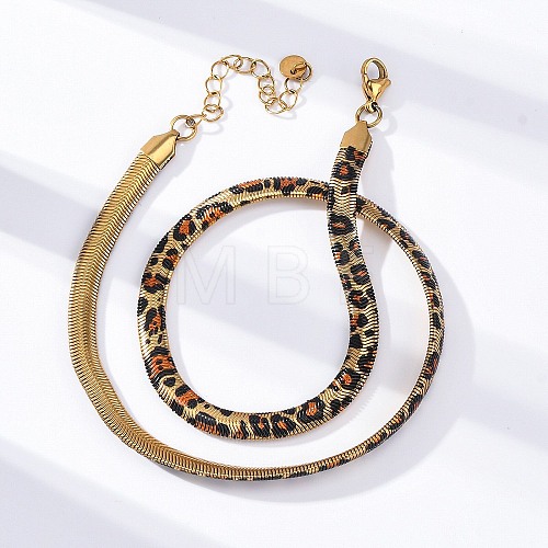 304 Stainless Steel Leopard Print Flat Snake Chain Necklaces for Women NJEW-A044-02B-G-1