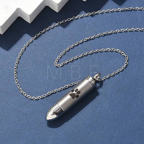 304 Stainless Steel Paw Print Bullet Shape Pet Memorial Keepsake Urn Ashes Pendant Necklaces NJEW-P326-03P-1