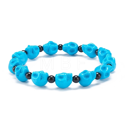 Natural Mashan Jade Skull & Synthetic Turquoise(Dyed) Beaded Stretch Bracelet BJEW-JB08377-04-1