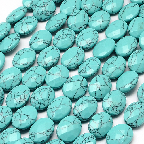 Faceted Oval Synthetic Turquoise Beads Strands X-G-R303-14-1