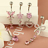 1Pc 304 Stainless Steel Rose Rhinestone Curved Barvell Dangle Belly Rings WGF9938-02-2