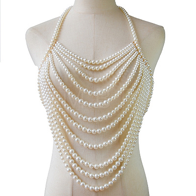 Plastic Imitation Pearl Round Beaded Multi-Layer Sexy Bikini Chest Body Chains WG29523-01-1