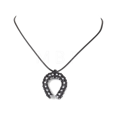 Cowboy Electroplate Transparent Glass Beaded Horseshoe Pendant Waxed Cotton Cord Necklaces NJEW-MZ00139-1