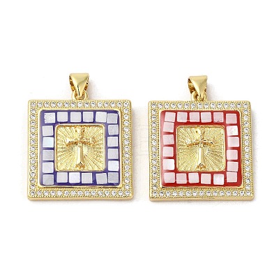 Square with Cross Brass Micro Pave Cubic Zirconia Pendants KK-K385-039G-1