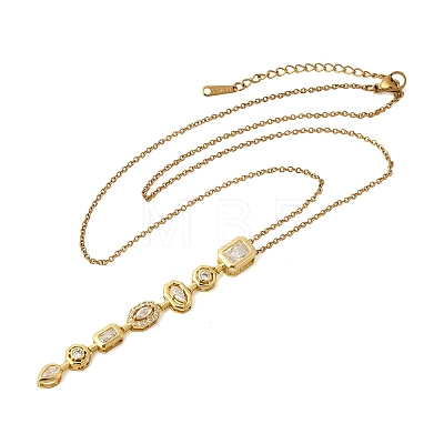 Brass Pave Cubic Zirconia Geometirc Pendant Rectangle Y Tassel 201 Stainless Steel Chain Necklaces NJEW-C111-01B-1