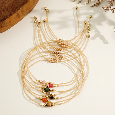 Casual Brass Bead Khaki Wax Thread Semi-Precious Natural Gemstone Bracelets Sets LS-JA4012-1