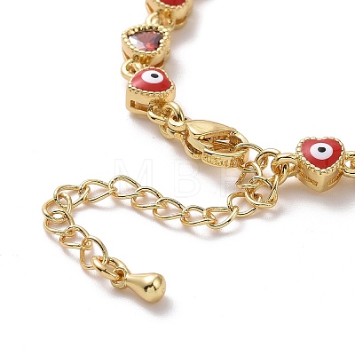 Enamel Evil Eye & Cubic Zirconia Heart Link Chain Bracelet BJEW-H555-01D-1