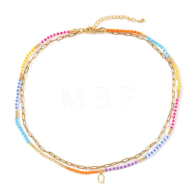 Colorful Glass Seed Beaded Initial Pendant Double Layer Necklaces QS3881-17-1