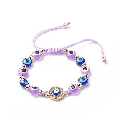 Evil Eye Resin Bead & Flat Round Alloy Rhinestone Braided Beaded Bracelets for Girl Women BJEW-JB08740-01-1