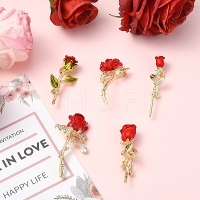 5Pcs 5 Styles Rose Flower Alloy Resin Lapel Pin Brooches for Backpack Clothes JEWB-CJ0003-53-1