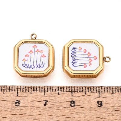 Printed Style 304 Stainless Steel Square with Flower Pendants STAS-T071-24D-G-1